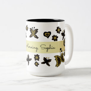 Caneca De Café Em Dois Tons Ornamentado Dourado floral boémio da borboleta de
