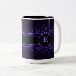 Caneca De Café Em Dois Tons Ornamentado Gótico Preto e Roxo Monograma