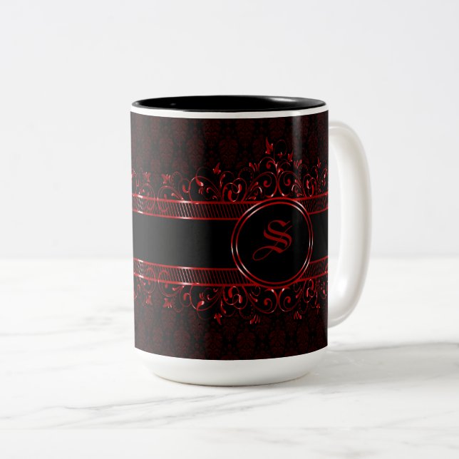 Caneca De Café Em Dois Tons Ornamentado Preto e Vermelho - Gótico Monograma (Frente Esquerda)