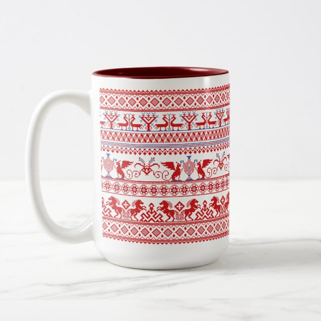 Caneca De Café Em Dois Tons ornamento tradicional russo vermelho (Esquerda)
