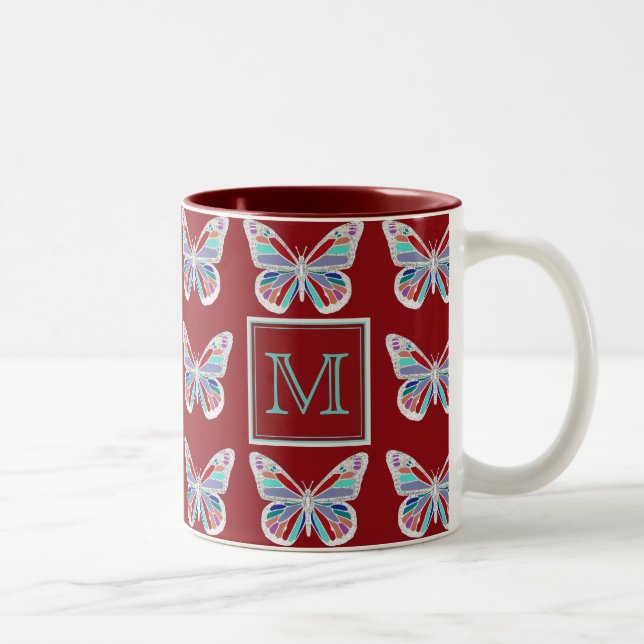Caneca De Café Em Dois Tons Ornate Butterflies Burgundy Pattern Monogram (Direita)