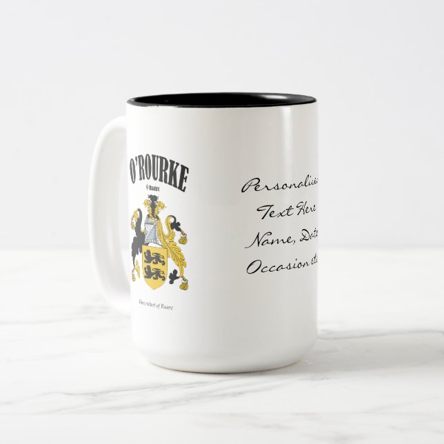 Caneca De Café Em Dois Tons O'Rourke Family Crest, Tradução e Significado (Frente Esquerda)