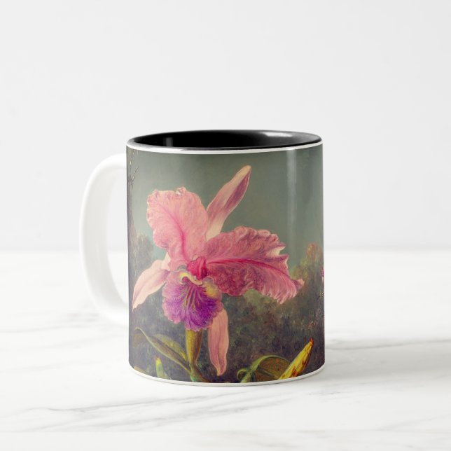 Caneca De Café Em Dois Tons Orquídea de Cattleya e três beija-flores (Frente Esquerda)