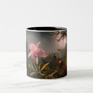 Caneca De Café Em Dois Tons Orquídea de Cattleya e três beija-flores