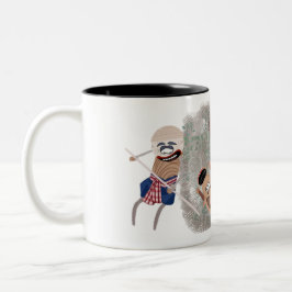 Caneca De Café Em Dois Tons Os agricultores alimentam os búfalos com farelo de