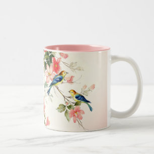 Caneca De Café Em Dois Tons Os pássaros do amor do vintage coram branco