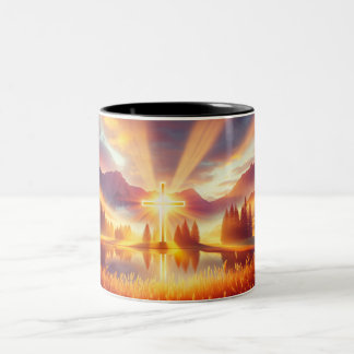 Caneca De Café Em Dois Tons Ouro cruz sob um glorioso nascer do sol
