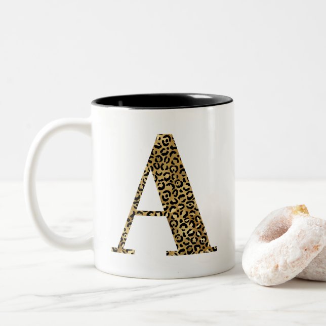 Caneca De Café Em Dois Tons Ouro Leopardo - Glam Monograma A (Com Donut)