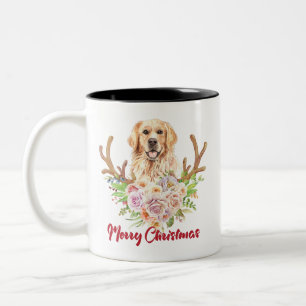 Caneca De Café Em Dois Tons Ouro Retriever Floral Feliz Natal