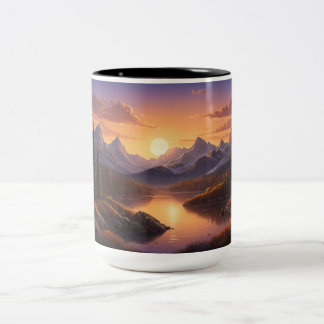 Caneca De Café Em Dois Tons Ouro Soldado Sobre Montanhas Florestais