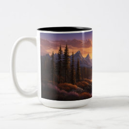 Caneca De Café Em Dois Tons Ouro Soldado Sobre Montanhas Florestais