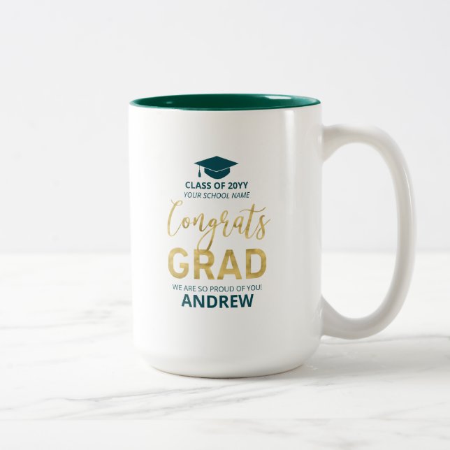 Caneca De Café Em Dois Tons Ouro & Verde | Presente Personalizado de Formatura (Direita)