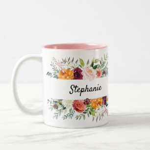 Caneca De Café Em Dois Tons Outono Burgundy Blush Floral Chá de panela