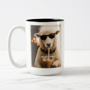 Caneca De Café Em Dois Tons Ovelha Legal Bebendo Café Gelado