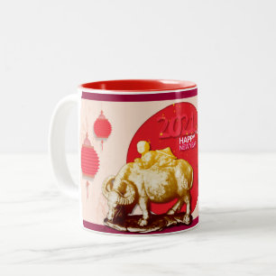 Caneca De Café Em Dois Tons OX Kid Lantern Cherry Blossomas Chineses Ano Novo