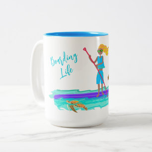 Caneca De Café Em Dois Tons Paddleboarding ilustrado SUP com cão