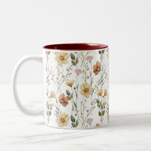 Caneca De Café Em Dois Tons Padrão Botânico Boho de Flor Silvestre em Aquarela