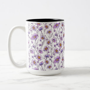 Caneca De Café Em Dois Tons Padrão Botânico de Flor Silvestre Roxa