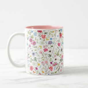 Caneca De Café Em Dois Tons Padrão Botânico de Flores Silvestres em Aquarela