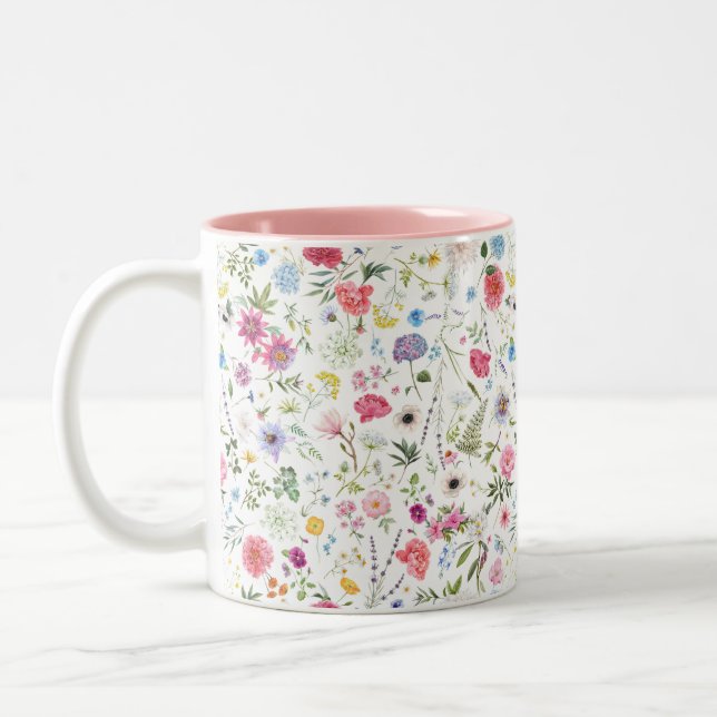Caneca De Café Em Dois Tons Padrão Botânico de Flores Silvestres em Aquarela (Esquerda)