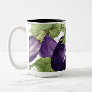Caneca De Café Em Dois Tons Padrão Botânico de Jardim de Berinjela em Aquarela
