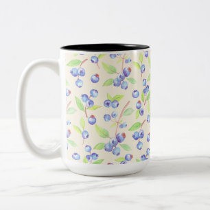 Caneca De Café Em Dois Tons Padrão Botânico de Mirtilo em Aquarela Fofa
