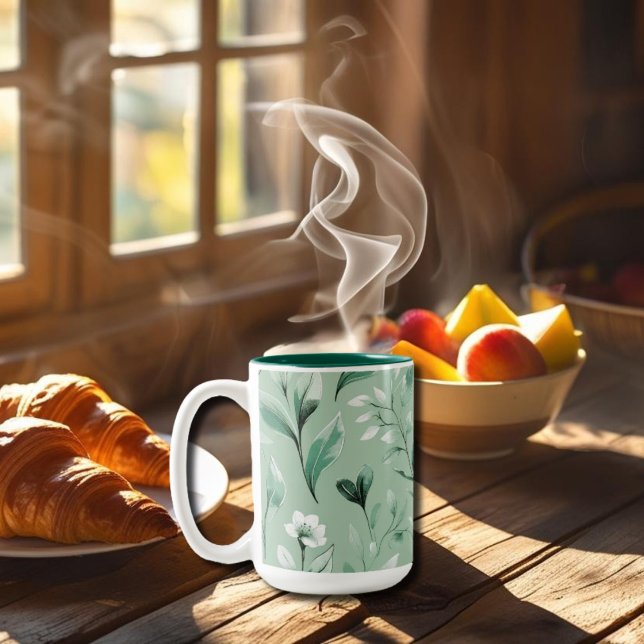 Caneca De Café Em Dois Tons Padrão botânico em verdes sutis (Criador carregado)