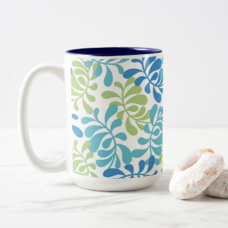 Caneca De Café Em Dois Tons Padrão Botânico Folhas Oceano Azul