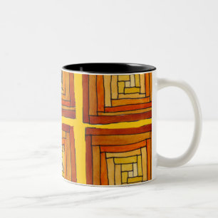 Caneca De Café Em Dois Tons padrão castanho da arte retrô quadrada
