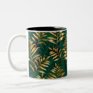 Caneca De Café Em Dois Tons Padrão contínuo com samambaias douradas