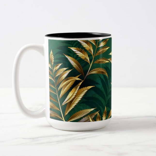 Caneca De Café Em Dois Tons Padrão contínuo com samambaias douradas (Esquerda)