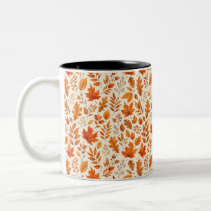 Caneca De Café Em Dois Tons Padrão contínuo de folhas quentes de outono