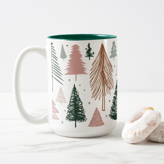 Caneca De Café Em Dois Tons Padrão de Árvore de Natal Boho Doodle (Com Donut)