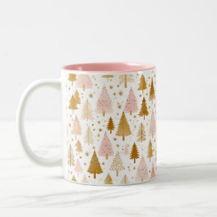 Caneca De Café Em Dois Tons Padrão de Árvore de Natal rosa e Dourado moderno