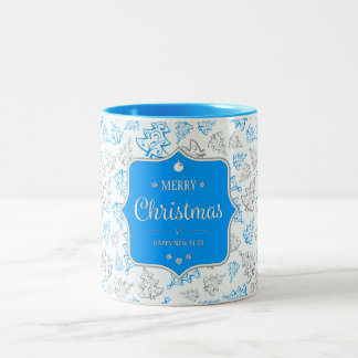 Caneca De Café Em Dois Tons Padrão de Árvores de Natal Elegantes Azuis e Prate