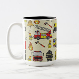 Caneca De Café Em Dois Tons Padrão de Bombeiro, Caminhão-Fogo, Arte de Emergên