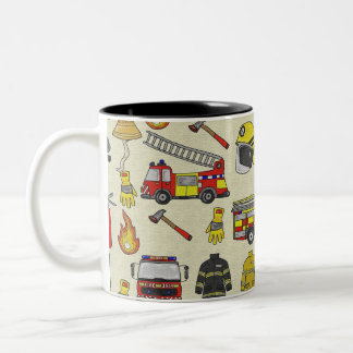 Caneca De Café Em Dois Tons Padrão de Bombeiro, Caminhão-Fogo, Arte de Emergên