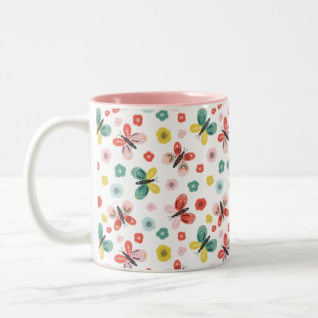 Caneca De Café Em Dois Tons Padrão de Borboleta e Floral (Esquerda)