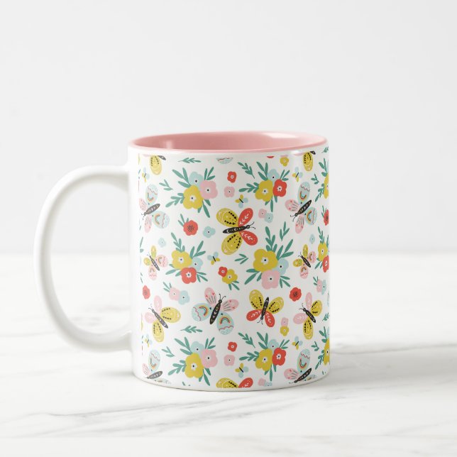 Caneca De Café Em Dois Tons Padrão de Borboleta e Floral (Esquerda)
