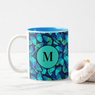 Caneca De Café Em Dois Tons Padrão De Borboleta Morpho Azul na moda Monograma