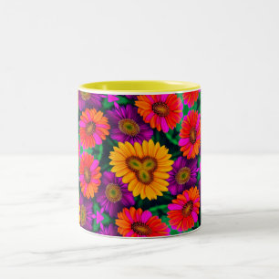 Caneca De Café Em Dois Tons Padrão de Buquê de margarida colorida