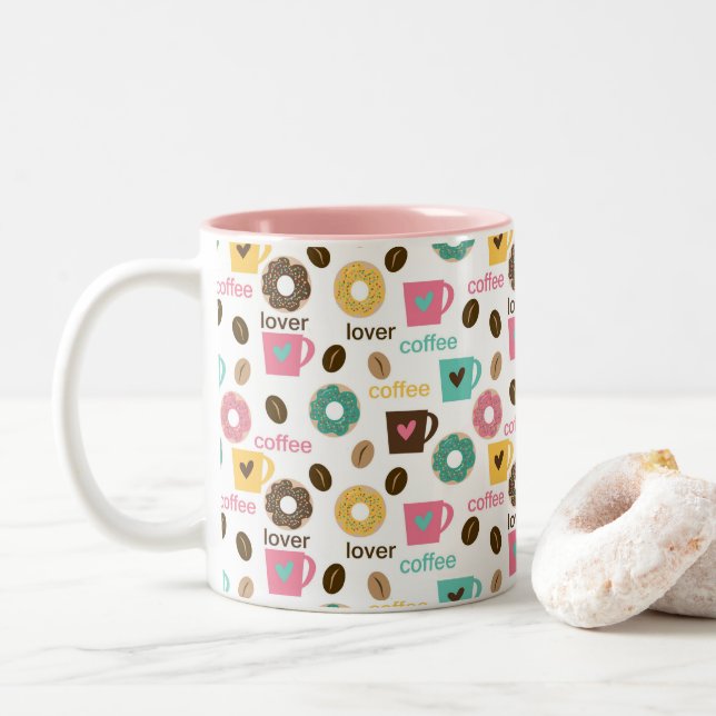 Caneca De Café Em Dois Tons Padrão de Café e Donut  (Com Donut)