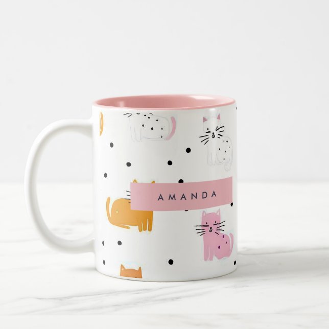Caneca De Café Em Dois Tons Padrão de Cat Playful Personalizado com Bolinhas (Esquerda)