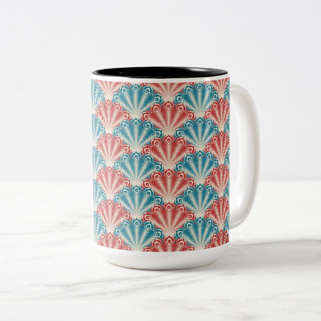 Caneca De Café Em Dois Tons Padrão de Cauda Pavão Vermelho e Azul (Frente Esquerda)