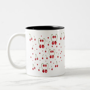 Caneca De Café Em Dois Tons Padrão de Cereja e Coração em Aquarela Fofa