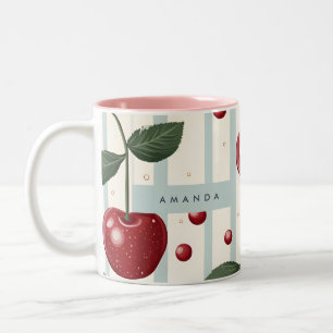 Caneca De Café Em Dois Tons Padrão de Cereja Vermelha Personalizada Retro-Vint