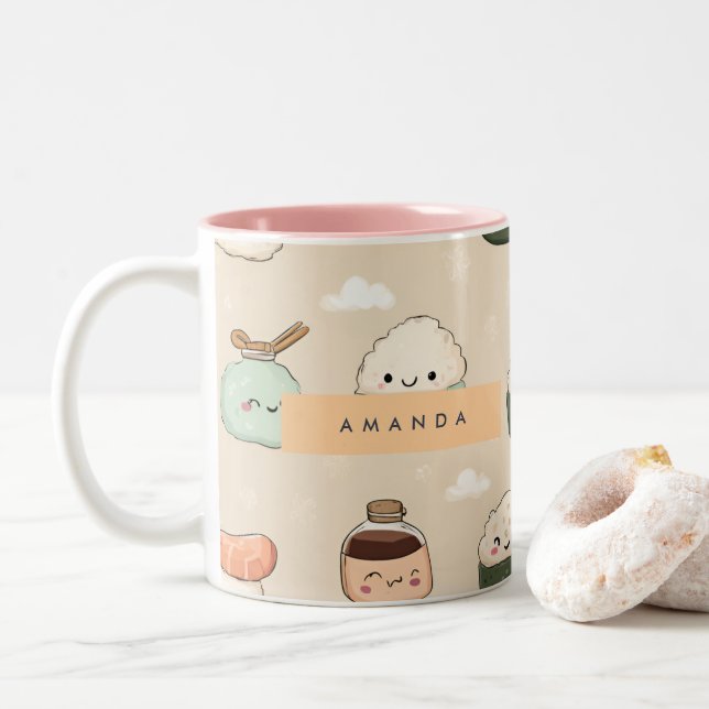 Caneca De Café Em Dois Tons Padrão de Comida japonês Kawaii Sushi personalizad (Com Donut)