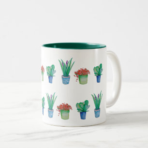 Caneca De Café Em Dois Tons Padrão de design de planta de aquarela original 1
