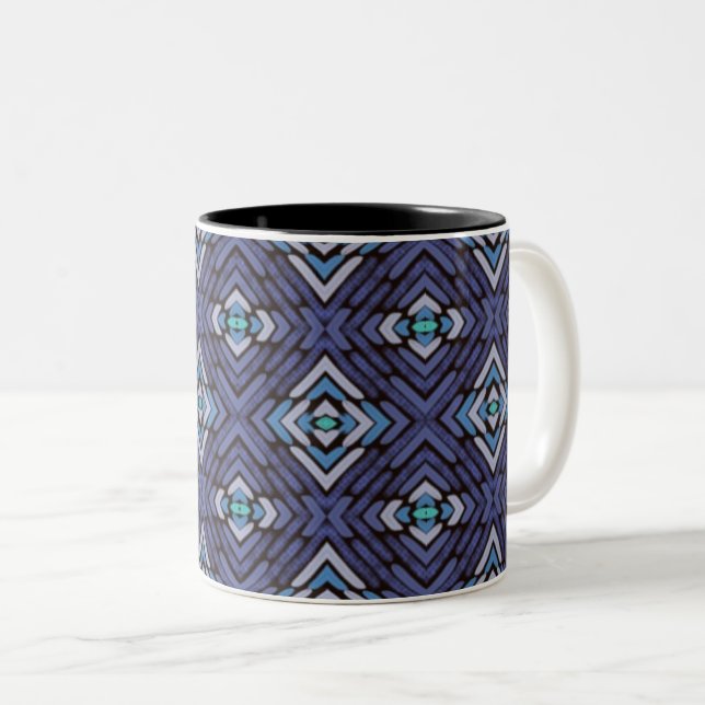 Caneca De Café Em Dois Tons Padrão de Diamante Sudoeste Cinza Azul (Frente Esquerda)