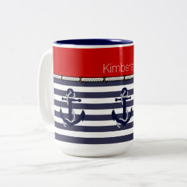 Caneca De Café Em Dois Tons Padrão de faixas de ancoragem náutica de nome pers